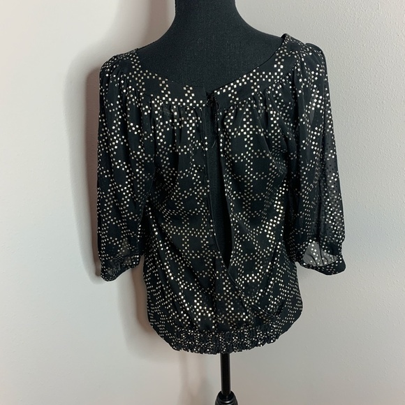 Guess Black & Metallic Gold Sheer Blouse Top - Picture 3 of 8